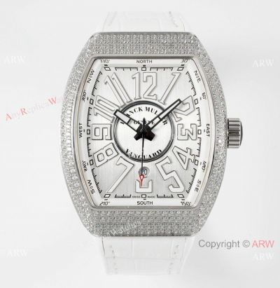 AB Factory V3 Copy Franck Muller Vanguard Classical Diamond-set Watch White Gummy Strap